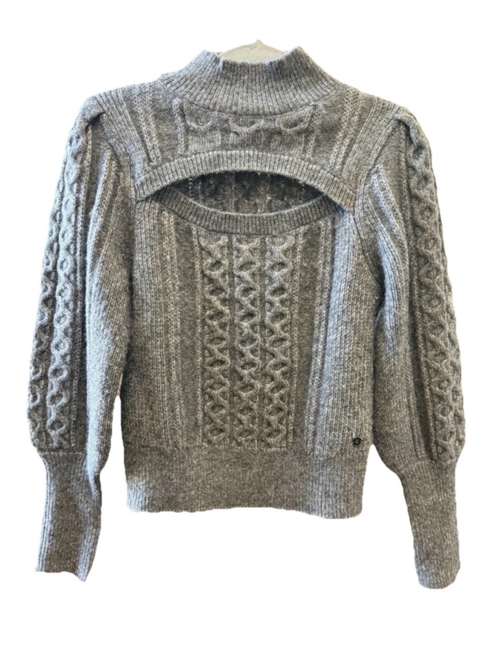 Tommy Hilfiger Gray Cable-Knit Cutout Mock Neck Sweater Puff Shoulders Sz Sm